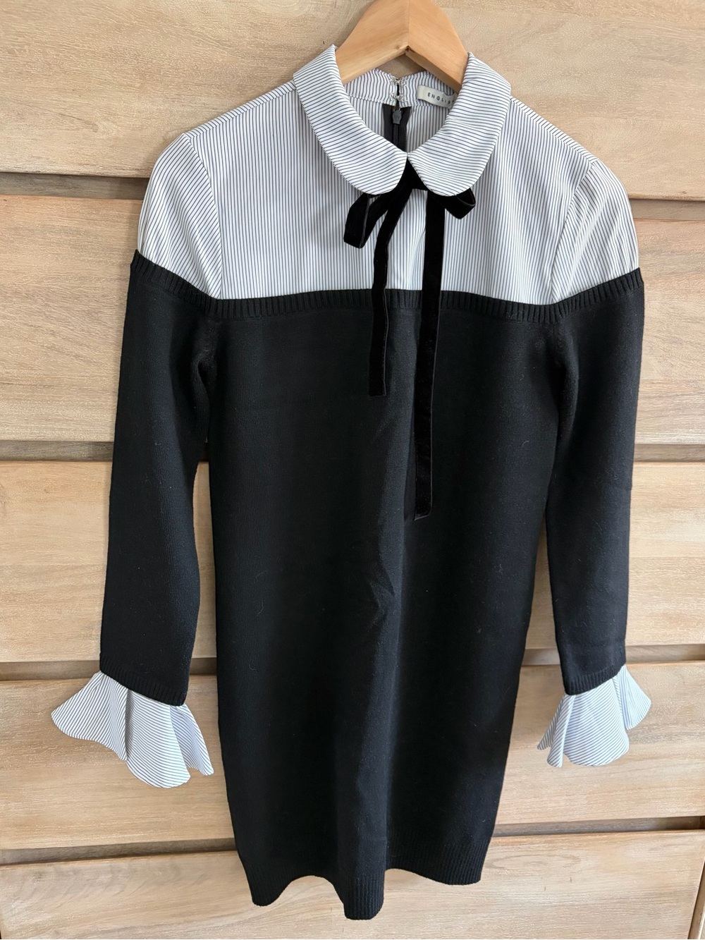 English Factory Mixed Media Dress Pinstripe Peter Pan Collar & Ruffle Sleeves